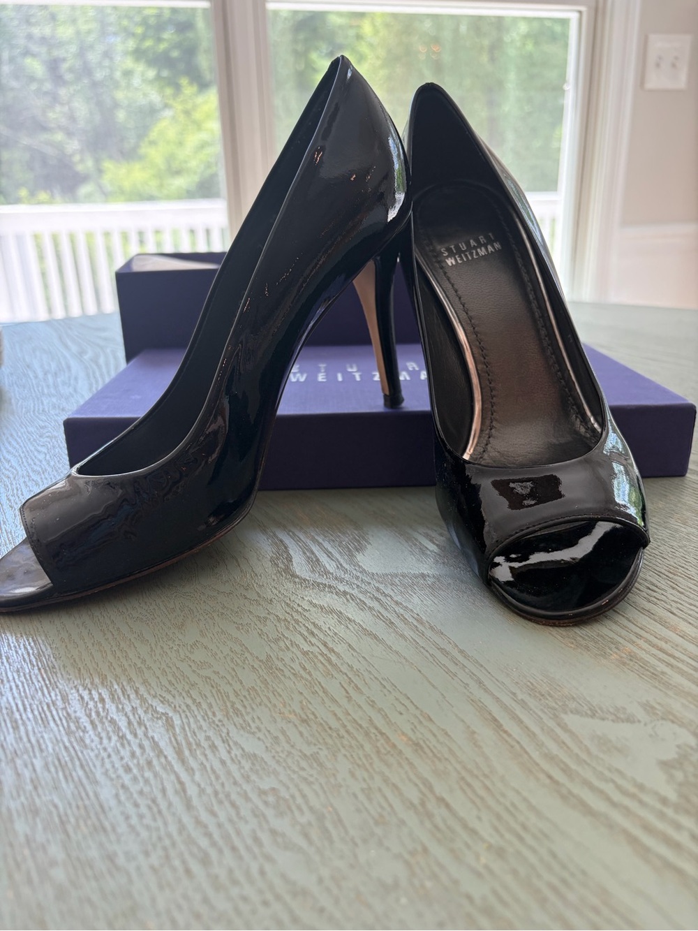 Stuart Weitzman Black Patent Leather Peep Toe Stiletto Pumps